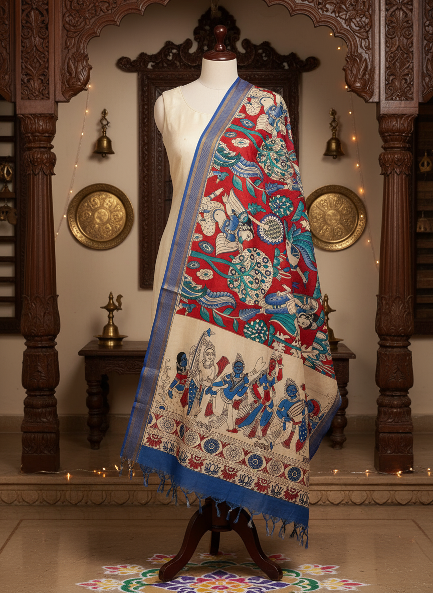 VarnVeni Divine Red Krishna Kalamkari Dupatta