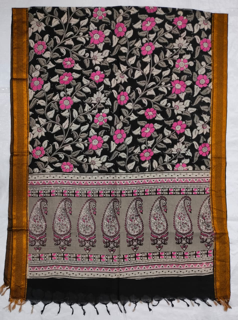 VarnVeni Elegant Black & Pink Floral Kalamkari Dupatta