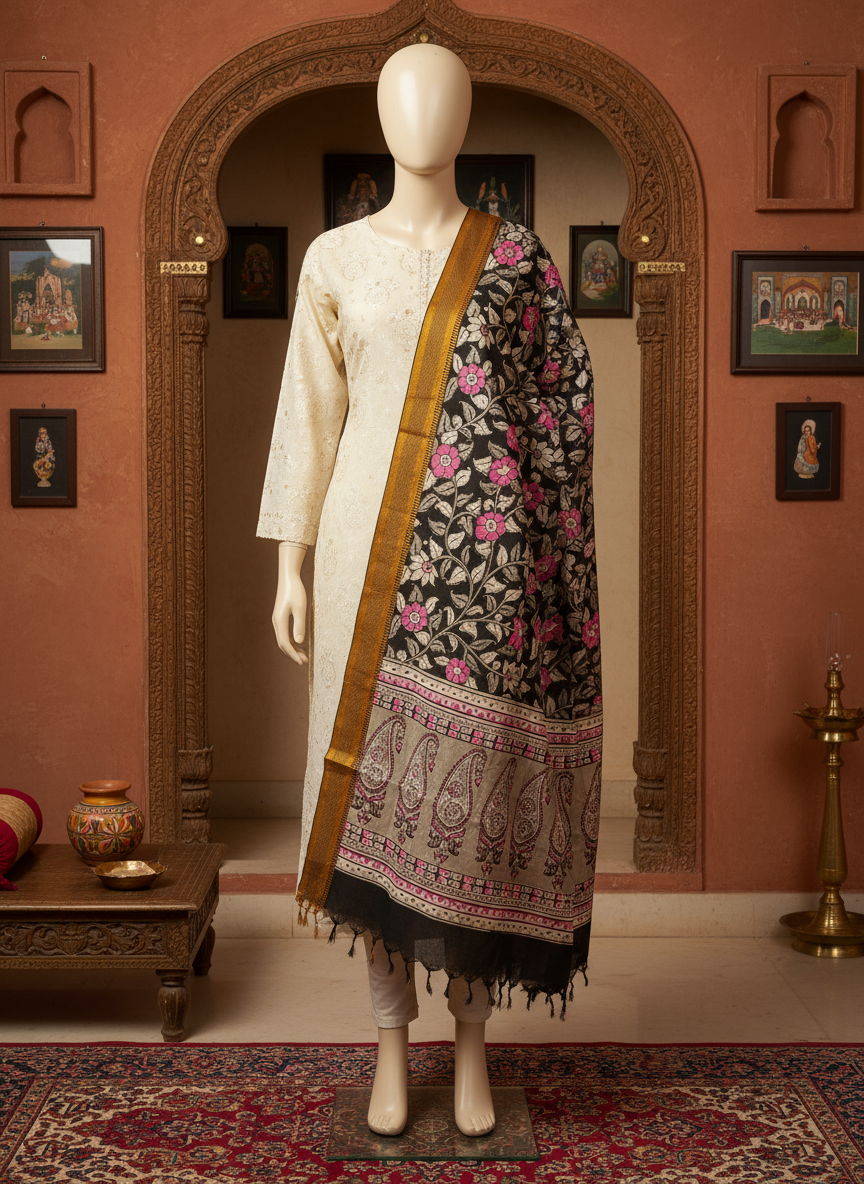 VarnVeni Elegant Black & Pink Floral Kalamkari Dupatta